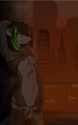 anthro breasts building city clothed clothing crotch_lines female future green_eyes midriff modern_architecture night nipples non-mammal_breasts raised_clothing raised_shirt raised_topwear shirt skyscraper solo topwear under_boob undressing urban aleone aquatic fish shark