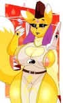 anthro blush breasts clothing female fur genitals simple_background smile solo tani_d bandai_namco digimon canid digimon_(species) mammal taomon digital_media_(artwork) hi_res