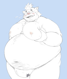anthro asian_clothing belly big_belly big_moobs blue_background blush clothing east_asian_clothing fundoshi japanese_clothing kemono male moobs navel nipples obese obese_male open_mouth overweight overweight_male simple_background solo underwear doguma-sin lifewonders tokyo_afterschool_summoners ganglie_(tas) mammal suid suine sus_(pig) wild_boar 2025 hi_res