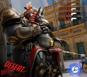 abdominal_bulge anal animal_genitalia animal_penis anthro armor balls bodily_fluids bodyguard_position city city_background clothed clothing cum cum_from_mouth cum_in_mouth cum_inflation cum_inside cum_through cum_while_penetrated cumshot defeat defeat_sex defeated dominant duo ejaculation excessive_cum excessive_genital_fluids from_behind_position game_ui gameplay_mechanics genital_fluids genitals grabbing_another horn implied_pregnancy impregnation inflation larger_dom male male/male male_impregnating_male male_impregnation outside ovum partially_clothed penetration penis red_eyes sex size_difference sperm_cell standing standing_sex text womb_tattoo potatotime okamical_(modeler) reptilligator_(modeler) blizzard_entertainment european_mythology greek_mythology mythology overwatch anubis_reaper minotaur_reinhardt anubian_jackal bovid bovine canid canine canis jackal mammal minotaur 3d_(artwork) blender_(artwork) digital_media_(artwork) english_text hi_res watermark