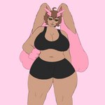 anthro big_breasts bottomwear bra breasts brown_body brown_fur brown_hair cleavage clothed clothing female floppy_ears fur hair hand_on_hip pink_eyes pink_nose shorts slightly_chubby slightly_chubby_anthro slightly_chubby_female solo sports_bra thick_thighs underwear wide_hips workout_clothing dirkstridoritos nintendo pokemon bonnie_(dirkstridoritos) generation_4_pokemon lopunny pokemon_(species) shiny_pokemon 1:1 hi_res