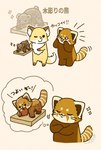 anthro apple black_eyes chibi dot_eyes eyes_closed feral food fruit kemono plant simple_eyes surprised text shi_nominmin ailurid bear canid canine fox mammal red_panda 2025 comic hi_res japanese_text