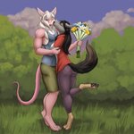 anthro aster_(flower) barefoot black_hair black_tail blue_clothing bouquet breasts butt clothed clothing duo face_lick feet female flower flower_bouquet fully_clothed grass grey_body grey_ears hair holding_bouquet holding_flower holding_object hug licking lilium lily_(flower) male male/female monotone_tail one_eye_closed outside pawpads pink_body pink_tail plant red_clothing red_nose rose_(flower) tail tongue tongue_out true_lily conditional_dnp cracky mick_(boony) canid canine canis coyote fox hybrid mammal mouse murid murine rodent wolf 1:1 full-length_portrait hi_res portrait