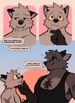 anthro armpit_hair blush bodily_fluids body_hair clothing dialogue duo heart_symbol male male/male muscular muscular_male pecs shirt sweat sweatdrop tank_top topwear rygel_spkb canid canine canis mammal wolf absurd_res comic hi_res