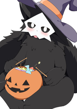 anthro big_tail biped black_body black_fur black_sclera blep blush blush_lines bone bone_mask candy clothing dessert fluffy fluffy_tail food fur hat hat_only headgear headgear_only headwear headwear_only holidays jack-o'-lantern looking_at_viewer male mask mostly_nude simple_background skull skull_mask solo tail three-quarter_view tongue tongue_out white_background white_eyes witch_hat satoumizu672 changed_(video_game) halloween puro_(changed) canid canine latex_creature mammal 2025 absurd_res digital_drawing_(artwork) digital_media_(artwork) full-length_portrait hi_res japanese_description portrait