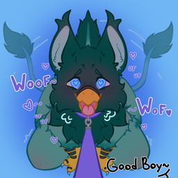 ambiguous_gender anthro blue_body blue_eyes blue_fur blush chest_tuft collar dialogue front_view fur good_boy heart_eyes heart_symbol kneeling leash leashed_collar leashing_viewer looking_at_viewer praise simple_background solo tail tail_motion tailwag text tongue tongue_out tuft unknown_artist mythology ko_(koboldmilk) avian gryphon mythological_avian mythological_creature 1:1 2026 absurd_res digital_drawing_(artwork) digital_media_(artwork) english_text hi_res male_(lore)