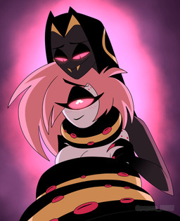 anthro apode arm_grab black_body black_eyelids blush blush_lines breasts chin_on_head coiling coiling_around_body coiling_around_neck duo eyelashes fangs female female_on_anthro freckled_shoulders freckles glowing glowing_eyes hair head_on_head hug humanoid_on_anthro legless male male/female male_on_humanoid markings nude nude_female nude_humanoid nude_male pink_background pink_hair pupils red_sclera restrained_arms serpentine simple_background slit_pupils smile snake_hood teeth tenderness x_pupils yellow_markings poparc_nsfw hazbin_hotel hellaverse cherri_bomb_(hazbin_hotel) sir_pentious_(hazbin_hotel) cyclops demon draconcopode humanoid naga sinner_demon 2024 absurd_res hi_res