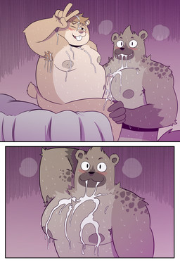 anthro bed blush bodily_fluids brown_body brown_fur brown_hair buckteeth cum cum_covered cum_drool cum_from_mouth cum_in_armpit cum_in_hair cum_in_mouth cum_inside cum_on_chest cum_on_face cum_on_head cum_on_leg cum_on_nipples cum_on_penis cum_on_shoulder cute_fangs duo ejaculation erection fangs fur furniture genital_fluids genitals gesture hair hand_behind_head hand_gesture hand_on_knee hand_on_leg humanoid_genitalia humanoid_penis male male/male messy muscular navel nipples nude on_bed one_eye_closed overweight overweight_male pecjob pecs penis sex sitting sweat tail tan_body teeth two_frame_image v_sign t0l0k carlos_(t0l0k) samuel_(t0l0k) cricetid hamster hyena mammal rodent comic digital_media_(artwork) hi_res
