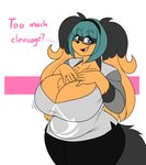 anthro big_breasts breasts cleavage clothed clothing dialogue eyewear female glasses huge_breasts solo text jwinkz zoey_(jwinkz) canid canine canis domestic_dog mammal english_text hi_res