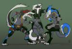 clothing earpiece female fingerless_gloves french_braid gloves green_eyes handwear looking_at_another pointing_on_another quarrel tail alfafilly sergal