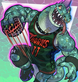 anthro armband ball basketball_(ball) basketball_uniform bodily_fluids bottomwear clothed clothing collar colored_nails derp_eyes facial_piercing footwear green_body green_bottomwear green_clothing green_scales green_shirt green_shorts green_topwear head_spikes holding_object legband male multicolored_claws muscular muscular_anthro muscular_male nails neck_piercing nose_piercing nose_ring outline piercing purple_outline purple_spikes ring_piercing roarball roarball_(ball) saliva scales septum_piercing septum_ring shirt shoes shorts solo spikes spikes_(anatomy) sportswear studded_collar studs tail teeth text text_on_clothing text_on_shirt text_on_topwear tongue tongue_out tongue_piercing topwear uniform yellow_sclera same22shark goat_(movie) sony_corporation sony_pictures modo_olachenko komodo_dragon lizard monitor_lizard reptile scalie 2026 absurd_res digital_media_(artwork) hi_res