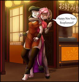 4_toes anthro beverage black_hair black_nose bovid_horn breasts caprine_horn cleavage clothed clothing dress duo facial_piercing feet female fur hair holiday_message holidays hooves horn lamp lantern lip_piercing nose_piercing piercing pink_hair ram_horn smile surprised text toes white_body white_fur gforce chinese_new_year new_year princess_(nicoya) samael_(nicoya) bear canid canine canis demon domestic_dog mammal poodle 2018 english_text hi_res gynomorph_(lore)