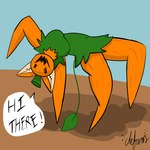 anthro clothed clothing female food fruit gatabaza_(chefrens) green_clothing orange_body plant pumpkin simple_background solo speech_bubble text chefrens domestic_cat felid feline felis mammal 1:1 hi_res