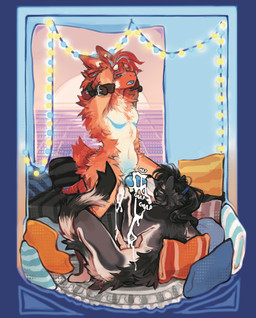 anthro balls big_butt blue_penis blush bodily_fluids butt comfy cum cum_in_mouth cum_inside cum_on_penis drinking drinking_cum duo fluffy fluffy_tail fur genital_fluids genitals hair holding_balls knot long_hair looking_down looking_down_at_partner looking_pleasured male male/male milking_cum oral orange_body orange_fur penis pillow ponytail restraints swallowing synthwave tail thick_thighs goldendoqqs chhips gorp hybrid mammal procyonid raccoon hi_res trans_(lore) trans_man_(lore)