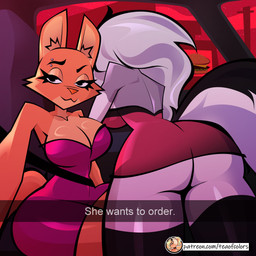 anthro backless_dress bare_shoulders breasts butt cleavage clothed clothing dress duo eyebrow_piercing facial_piercing female fur looking_at_viewer orange_body orange_fur piercing purple_clothing purple_dress red_clothing red_dress strapless_clothing strapless_dress text thick_thighs teaofcolors dreamworks he_wants_to_order hellaverse helluva_boss mythology the_bad_guys diane_foxington loona_(helluva_boss) canid canid_demon canine demon fox hellhound mammal mythological_canine mythological_creature 1:1 absurd_res crossover english_text hi_res meme url