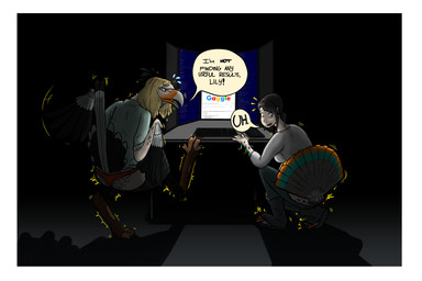 avian_feet beak border breasts butt chair clothed clothing computer duo electronics eyewear feather_growth feathers female feral furniture gender_transformation glasses growth inside kneeling laptop loss_of_dexterity panties side_boob speech_bubble tail tail_feathers text torn_clothing transformation underwear white_border adstn google accipitriform avian bird galliform human mammal phasianid secretary_bird turkey 3:2 absurd_res english_text hi_res