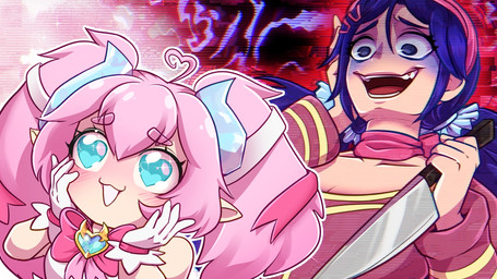 2_horns 5_fingers accessory arms_bent bangs blood blue_eyebrows blue_eyes blue_hair blue_hair_accessory blue_horn blush blush_lines bodily_fluids breasts cleavage clothed clothed_female clothed_human clothed_humanoid clothing collarbone dress duo enamored evil_grin eyebrows eyelashes eyelashes_through_hair female female_human female_humanoid fingers gloves gums hair hair_accessory hair_ribbon hand_on_own_face handwear heart_eyes heart_hair heart_symbol holding_knife holding_object horn humanoid_pointy_ears kerchief knife larger_female larger_human light looking_at_another looking_down looking_down_at_another multicolored_horn neckerchief neckwear no_pupils noseless not_furry oblivious ominous open_mouth open_smile outline pigtails pink_bow pink_eyebrows pink_hair pink_kerchief pink_neckerchief pink_ribbon pointy_ears red_clothing red_shirt red_tongue red_topwear ribbons shirt simple_background size_difference smaller_female smaller_humanoid smile smiling_at_another sparkles sparkling_eyes standing tan_body tan_skin teeth tongue topwear translucent translucent_hair white_clothing white_dress white_gloves white_handwear white_mouth white_outline white_ribbon white_shirt white_topwear gaelfox miside vtuber chibidoki mita_(miside) digital_creature horned_humanoid human humanoid mammal 16:9 2025 colored digital_drawing_(artwork) digital_media_(artwork) english_description hi_res lighting shaded widescreen