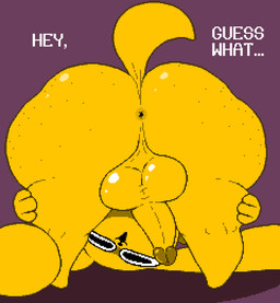 anus balls bent_over bent_over_with_legs_held_straight big_butt big_penis black_eyes black_nose butt butt_focus dialogue freckled_butt freckles fur genitals glistening glistening_balls glistening_genitalia huge_butt huge_penis humor joke long_ears looking_at_viewer looking_back male nude_male penis presenting presenting_hindquarters pun purple_background rear_view seductive shadow short_tail simple_background solo squinted_eyes tail text visual_pun yellow_anus yellow_balls yellow_body yellow_butt yellow_ears yellow_fur yellow_penis yellow_tail toilet_man chikn_nuggit chikn_nuggit_(chikn_nuggit) canid canine canis domestic_dog mammal 2025 digital_media_(artwork) english_text pixel_(artwork)