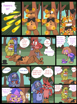attack attacked blue_eyes bow_tie clothing dialogue forest grass hat headgear headwear machine outside pink_eyes plant propeller_hat purple_body red_body sky speech_bubble text tree yellow_body andiiiematronic five_nights_at_freddy's five_nights_at_freddy's_world scottgames adventure_withered_bonnie_(fnaf) adventure_withered_chica_(fnaf) adventure_withered_foxy_(fnaf) adventure_withered_freddy_(fnaf) jayjay_(fnaf) animatronic avian bear bird canid canine chicken fox galliform humanoid lagomorph leporid mammal phasianid rabbit robot comic english_text hi_res