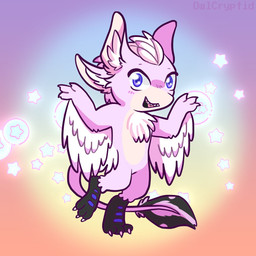 ambiguous_gender anthro blue_eyes chibi feathers fur male paws pink_body pink_fur sharp_teeth solo star tail teeth owlcryptid kerolink avali avian 1:1 hi_res