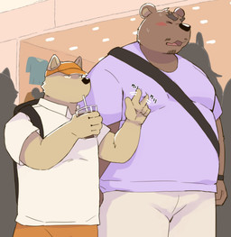 anthro belly beverage black_nose blush bottomwear brown_body clothed clothing drinking duo_focus eyes_closed group hat headgear headwear holding_beverage holding_object humanoid_hands kemono male nipple_fetish nipple_outline nipple_play overweight overweight_male pants shirt silhouette topwear arufina_w bear canid canine canis domestic_dog mammal 2024 hi_res
