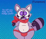 anthro belly big_ears bulge clothing kerchief looking_at_viewer male navel neckerchief open_mouth overweight overweight_anthro overweight_male purple_eyes short_fingers solo teapot_(body_type) text thick_thighs toony underwear wide_hips tunemon indigo_park rambley_raccoon mammal procyonid raccoon hi_res