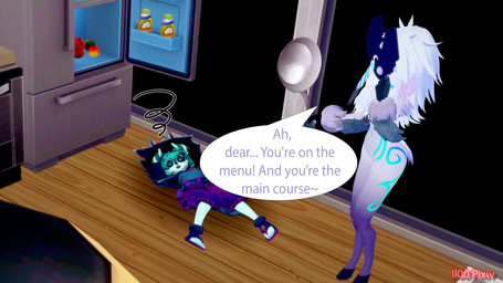 anthro cookware duo female frying_pan implied_cannibalism kitchen_utensils knock_out lying lying_on_the_floor on_back open_fridge speech_bubble tools il00 league_of_legends riot_games tencent kindred_(lol) lamb_(lol) vex_(lol) 16:9 3d_(artwork) digital_media_(artwork) hi_res widescreen