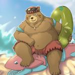 anthro beach belly biped bottomwear brown_body brown_fur clothing fur humanoid_hands male moobs one_eye_closed overweight overweight_anthro overweight_male seaside shorts sitting solo water wink mtflying30371 sdorica dagger_(sdorica_sunset) bear mammal 1:1 2019 hi_res