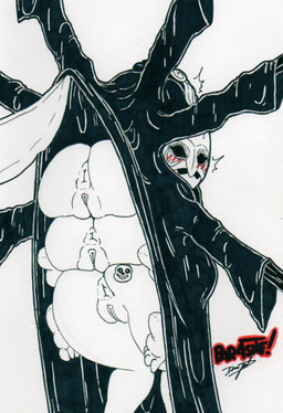 anus big_butt blush boss butt cloak clothed clothing clothing_lift costume feet female genitals group looking_back mask multi_arm multi_limb plump_labia puffy_anus rear_view reveal robe stack trio vulva wardrobe_malfunction parasitedeath dark_souls fromsoftware undertale undertale_(series) pinwheel_(dark_souls) sans_(undertale) boss_monster_(undertale) bovid caprine humanoid mammal monster black_and_white hi_res monochrome signature spot_color traditional_media_(artwork)