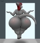 absurd_res anthro big_butt breasts butt demon domestic_cat doorway felid feline felis female floating fluffy fur gesture grey_body grey_fur gyro-furry hair half-closed_eyes hi_res horn huge_butt hyper hyper_butt ira_aetheria looking_at_viewer mammal narrowed_eyes nude pawpads paws rear_view red_eyes red_hair red_sclera shrug simple_background smile solo thick_thighs