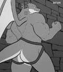 anthro back_muscles brick_wall butt clothing fighting_pose jockstrap male muscular muscular_male pose solo underwear wall_(structure) wings battaph mythology dragon mythological_creature mythological_scalie scalie hi_res