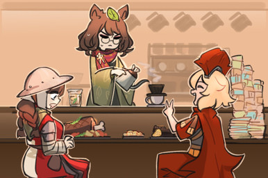 animal_ears armor blonde_hair brown_hair cafe cloak clothing container cup dish female food gesture green_clothing green_robe group hair hand_gesture headdress headgear helmet holding_object holding_teapot leaf leaf_on_head meat_on_bone pouring_drink pouring_liquid pouring_tea red_cloak red_clothing red_scarf robe roman_soldier scarf tea_cup teapot trio v_sign centurii-chan_(artist) touhou centurii-chan mamizou_futatsuiwa animal_humanoid canid canid_humanoid canine canine_humanoid human humanoid mammal mammal_humanoid tanuki_humanoid hi_res