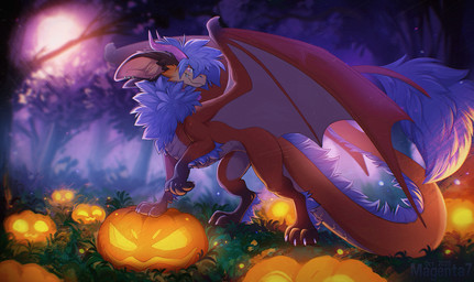 4_toes ambiguous_gender biped claws ear_piercing feet feral forest horn looking_at_viewer night outside piercing pink_eyes plant red_body red_tail smile solo standing tail teeth toe_claws toes tree wings magenta7 mythology jasper_(pizzacow) dragon mythological_creature mythological_scalie scalie 2025 hi_res