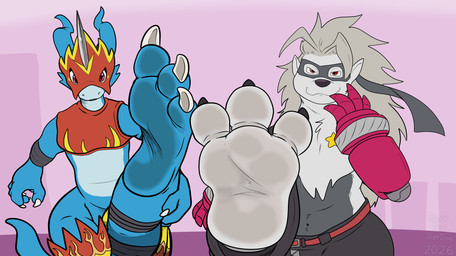 anthro armor belt blue_body bottomwear clothing cybernetic_arm cybernetic_limb duo feet female foot_fetish foot_focus fur grey_body grey_fur grey_hair hair headgear helmet male mask mechanical_arm pants red_eyes star topwear white_body white_fur zipper randytheartdog bandai_namco digimon digimon_beatbreak digimon_(species) flamedramon wolvermon 2026 digital_media_(artwork) hi_res