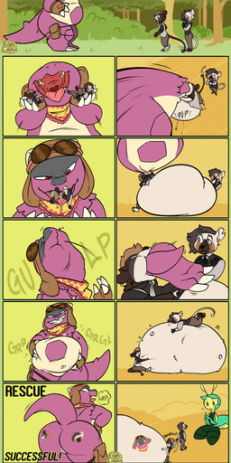 abdominal_bulge ambiguous_gender anthro butt clothing digestion digestion_noises eyewear fingerless_gloves forest forest_background gloves group handwear headgear kerchief licking licking_lips monocle multiple_prey nature nature_background neck_bulge neckerchief neckwear open_mouth oral_vore plant pouch_(clothing) shrub size_difference smaller_pred soft_vore sound_effects swallowing swallowing_sound_effect teeth text timeline_split tongue tongue_out tree uvula vore vore_tattoo eclairscollection nintendo pokemon baby_kangaskhan generation_1_pokemon generation_5_pokemon generation_9_pokemon kangaskhan leavanny pokemon_(species) tandemaus comic english_text hi_res