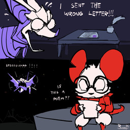 anthro armor big_ears clothing dialogue duo eyewear female flying fur glasses headgear helmet humor letter loose_feather male quill reading_paper red_clothing red_shirt red_topwear round_glasses shirt topwear wearing_glasses white_body white_fur rainingketchup mina_the_hollower yacht_club_games mina_(mina_the_hollower) thorne_(mina_the_hollower) bat mammal mouse murid murine rodent comic hi_res