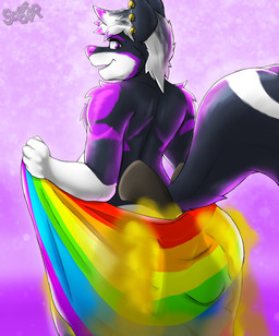 anthro black_body black_fur fart fart_fetish farting_on_another flag flag_(object) fur holding_flag holding_object lgbt_pride looking_at_viewer looking_back looking_back_at_viewer male male/male pride_colors purple_background rainbow_flag rainbow_pride_colors rainbow_symbol simple_background six-stripe_rainbow_pride_colors solo towel towel_only white_body white_fur soomir mammal mephitid skunk hi_res