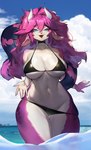 2_horns 5_fingers anthro beach big_breasts big_hair bikini black_bikini black_clothing black_swimwear blue_eyes breast_squish breasts bulging_breasts cleavage clothed clothing collar countershade_torso countershading eyebrows eyelashes fangs female fingers fur furry_tail hair horn humanoid_hands long_hair long_tail looking_at_viewer navel open_mouth outside partially_submerged pink_body pink_fur pink_hair purple_body purple_fur purple_hair purple_scales scales seaside skindentation sky solo squish swimwear tail teeth thick_thighs thigh_gap thigh_squish tight_bikini tight_clothing tight_topwear topwear two-piece_swimsuit water white_body white_fur white_scales woobin94 adelaid_(gwagwagwa) unknown_species 2023 absurd_res hi_res