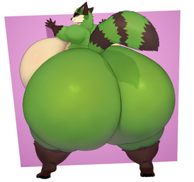 anthro big_breasts big_butt black_nose blue_eyes breasts butt female huge_breasts huge_butt hyper hyper_breasts hyper_butt looking_at_viewer looking_back markings nude simple_background smile solo striped_markings striped_tail stripes tail tail_markings thick_thighs wide_hips prozak514 rivals_of_aether maypul mammal procyonid raccoon absurd_res digital_media_(artwork) hi_res