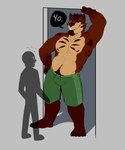 anthro bottomwear clothing duo fur male male/male no_door shadow shorts smile wall_(structure) worried wildside anonymous_character wild_(wildside) human hyena mammal 2017 hi_res monochrome