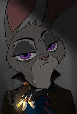 alternate_universe anthro cigarette clothing dark female grey_background simple_background solo caltro disney zootopia judy_hopps lagomorph leporid mammal rabbit 2016 hi_res