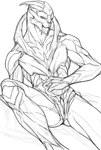 genitals looking_at_viewer male mandibles nude raised_leg sitting solo unusual_anatomy unusual_genitalia meken bioware electronic_arts mass_effect alien turian 2014 hi_res monochrome sketch