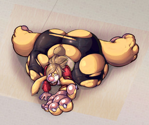 brown_hair clothing female hair high-angle_view human_to_anthro pawpads simple_background solo species_transformation tail toony torn_clothing transformation yellow_body fountain_malchemy mrchin human lagomorph leporid mammal rabbit 2025 digital_media_(artwork) hi_res