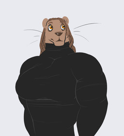 amber_eyes anthro biceps black_clothing black_topwear brown_body brown_fur brown_hair brown_nose clothing dreadlocks female fur hair muscular muscular_anthro muscular_female pecs simple_background solo sweater tight_clothing topwear whiskers ritts rochelle_barnette felid lion mammal pantherine