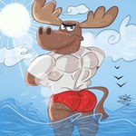 angry anthro antlers beach blue_sky butt clothing cloud horn light male muscular muscular_male red_clothing red_swimming_trunks red_swimwear sea shirt sky solo summer sun sunlight swimming_trunks swimwear topwear water wave wet wet_body wet_clothing white_clothing white_shirt white_topwear nickbravecomics nickelodeon t.u.f.f._puppy sharing_moose ambient_bird deer mammal moose new_world_deer 1:1 2018 hi_res signature