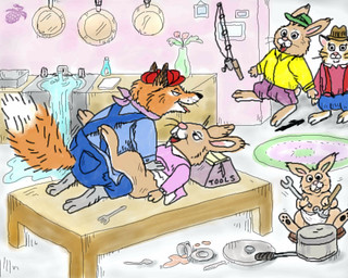 adult_on_adult anthro caught_in_the_act clothed clothing cooking_pot cookware cutlery diaper female fishing_rod flower fork frying_pan furniture group hammer hat headgear headwear interspecies kerchief kitchen_utensils knife lying male male/female neonate on_back on_table on_top overalls plant predator/prey sex spill spoon surprised table tail toolbox tools vase walk-in water wrench young blackberry_dragon busytown richard_scarry the_busy_world_of_richard_scarry mr._fixit canid canine fox lagomorph leporid mammal rabbit 5:4 digital_media_(artwork) low_res