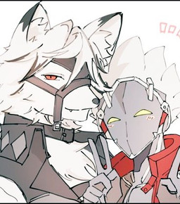 anthro blush duo fur gesture hand_gesture harness leather leather_harness machine male posing_for_picture red_eyes v_sign white_body white_fur yellow_eyes 0ta_tu0 mihoyo zenless_zone_zero billy_kid von_lycaon android canid canine canis humanoid mammal robot robot_humanoid wolf low_res