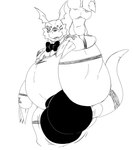 anthro arm_around_leg belly big_belly big_bulge bottom_heavy bow_tie bulge claws clothing head_wings looking_at_viewer male one_eye_closed open_mouth raised_leg raised_tail slightly_chubby slightly_chubby_anthro slightly_chubby_male solo tail thong underwear unusual_wing_placement waiter wings wink reagan700 bandai_namco digimon digimon_(species) guilmon 2022 hi_res monochrome