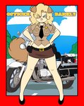 angry anthro blonde_hair blue_eyes bottomwear breasts clothed clothing eye_through_hair female frown hair hand_on_hip hands_on_hips midriff miniskirt motor_vehicle motorcycle navel police police_motorcycle police_vehicle skirt solo text translucent translucent_hair vehicle kabula_(artist) barkly_(kabula) canid canine canis domestic_dog mammal absurd_res english_text hi_res