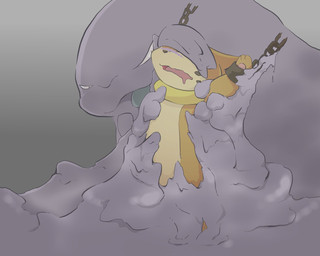 ambiguous_gender arms_tied bound chain chained covered_eyes duo feral fur orange_body orange_fur purple_body simple_background slime k_busho nintendo pokemon buizel generation_1_pokemon generation_4_pokemon goo_creature mammal muk pokemon_(species) 5:4 hi_res